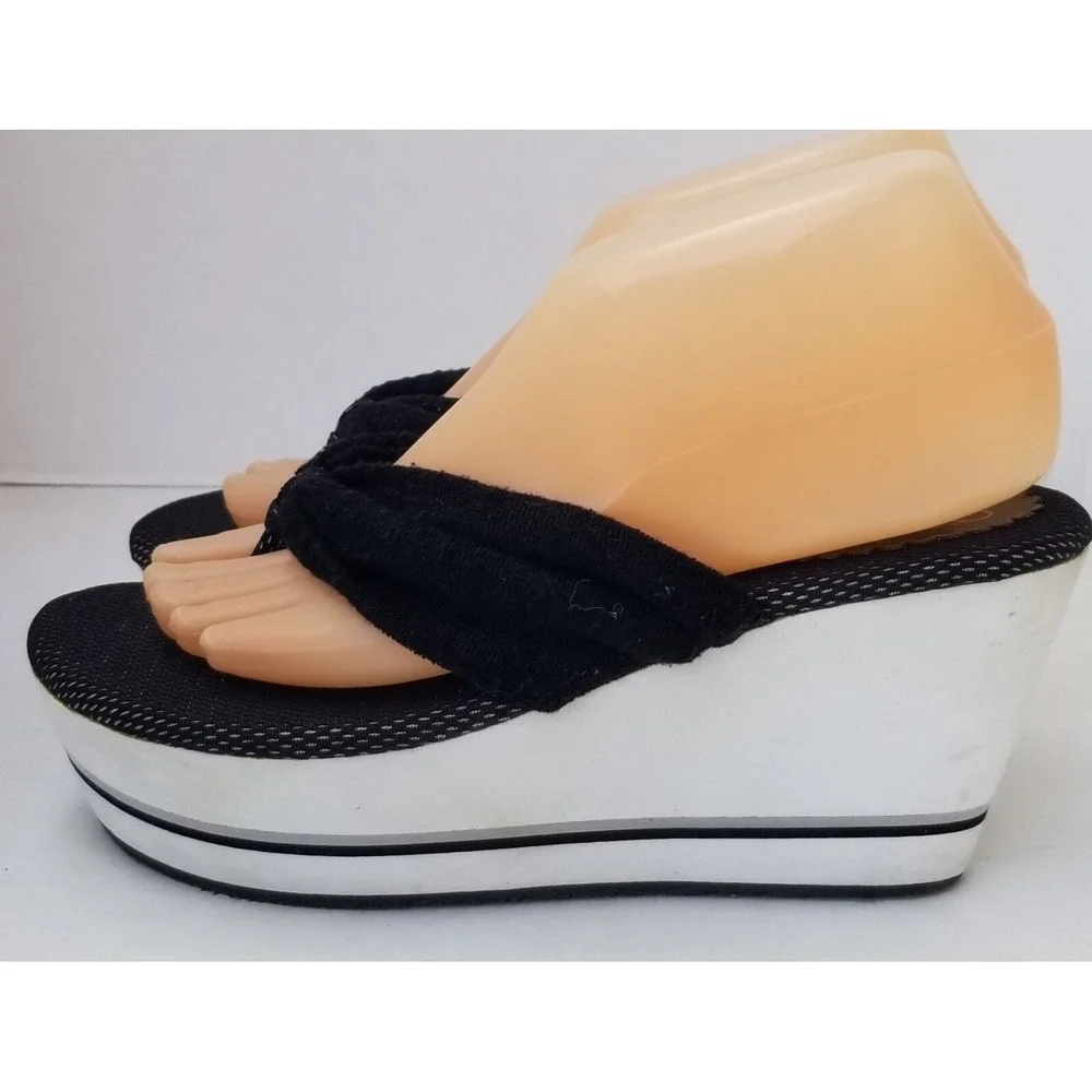 JESSICA SIMPSON Sandals Women 8 Black Wedge Platform Terry Cloth Thong Retro/Y2K